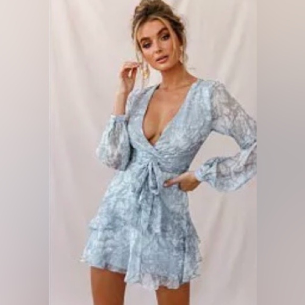 Selfie Leslie Gray Floral Wrap Blouse with Ruffle Hem